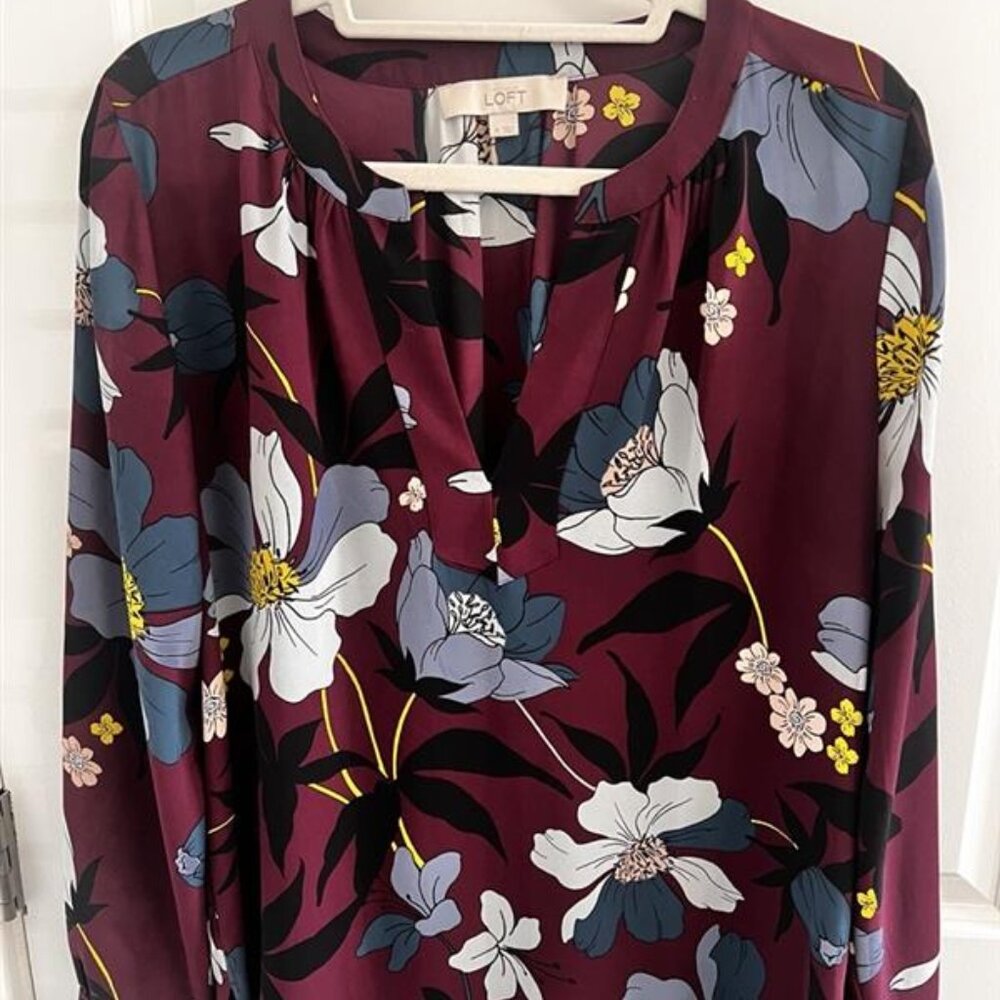 LOFT Burgundy Floral V-Neck Long Sleeve Blouse